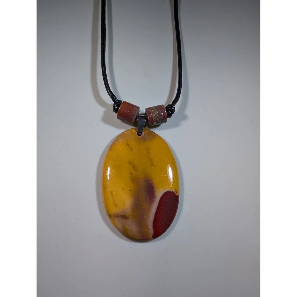 Mookaite Jasper Oval Pendant Necklace Adjustable Black Cord Yellow Red Stone